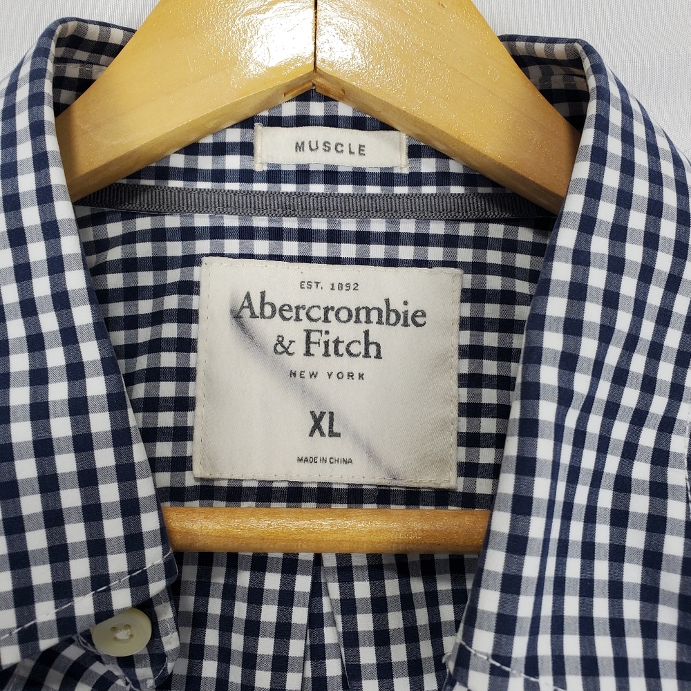 Abercrombie & Fitch Muscle Blue White Gingham Button Up Long Sleeve Shirt Sz XL - Picture 13 of 16